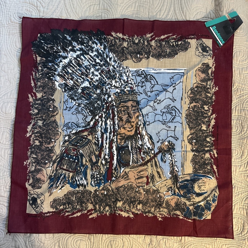 Vintage "Buffalo Roams" Bandana By Arvale Rogers, feat. a Native American Chief